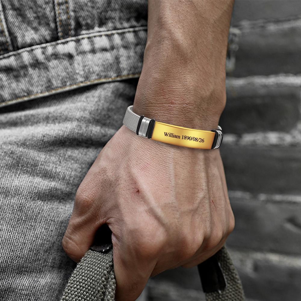 Custom Engraved Bracelet Men's Bracelet Stainless Steel for Father Golden