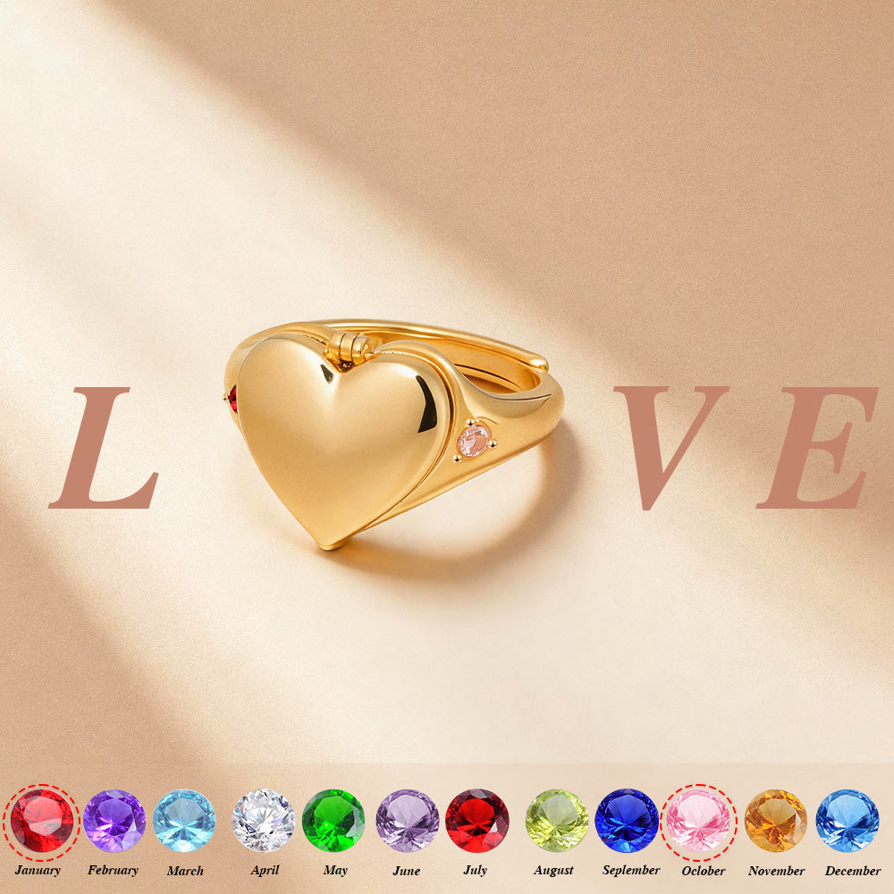 Custom Photo Heart Locket Ring with Birthstone – Personalized Dainty Ring Gift for Her