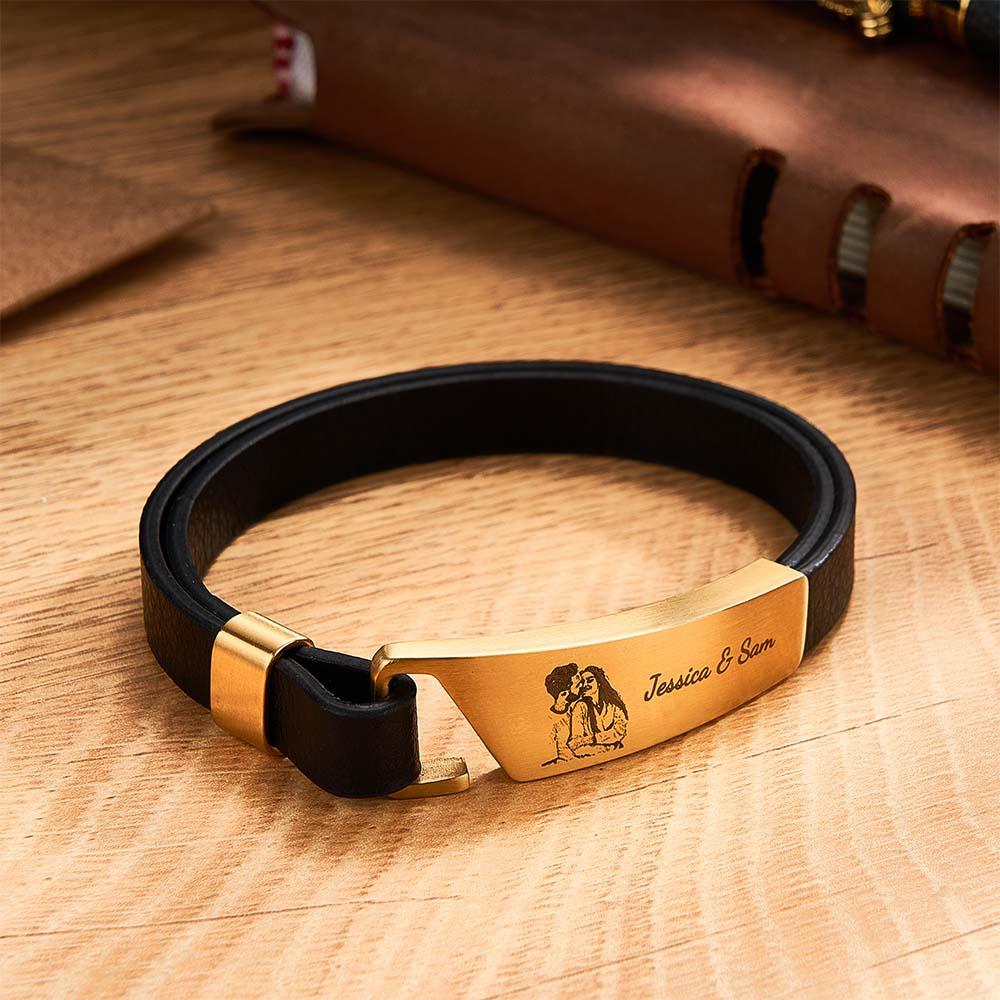 Custom Photo Leather Bracelet With Text Simple Retro Bracelet Gift For Men