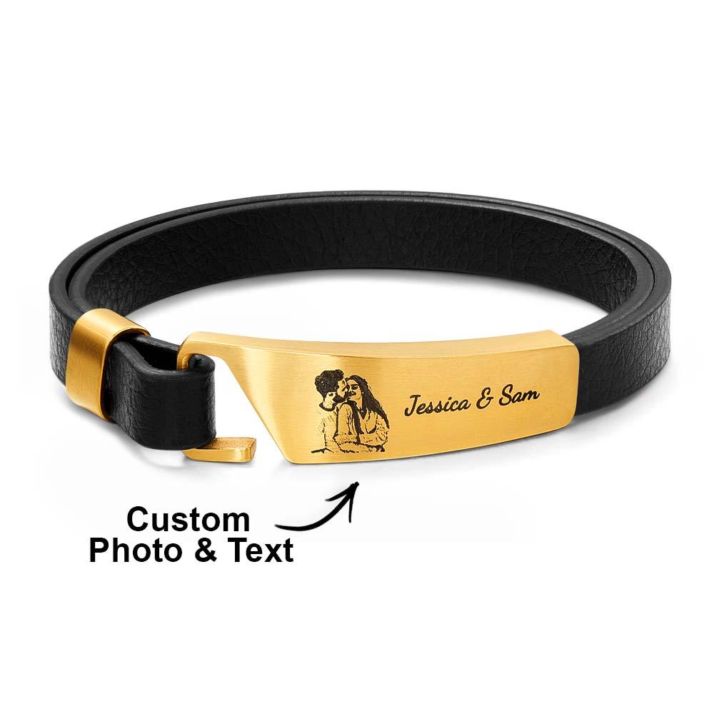 Custom Photo Leather Bracelet With Text Simple Retro Bracelet Gift For Men