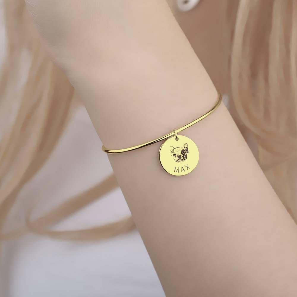 Photo Portrait Bangle with Engraving Round Shape, Custom Portrait Jewellery 14K Gold Plated - Golden