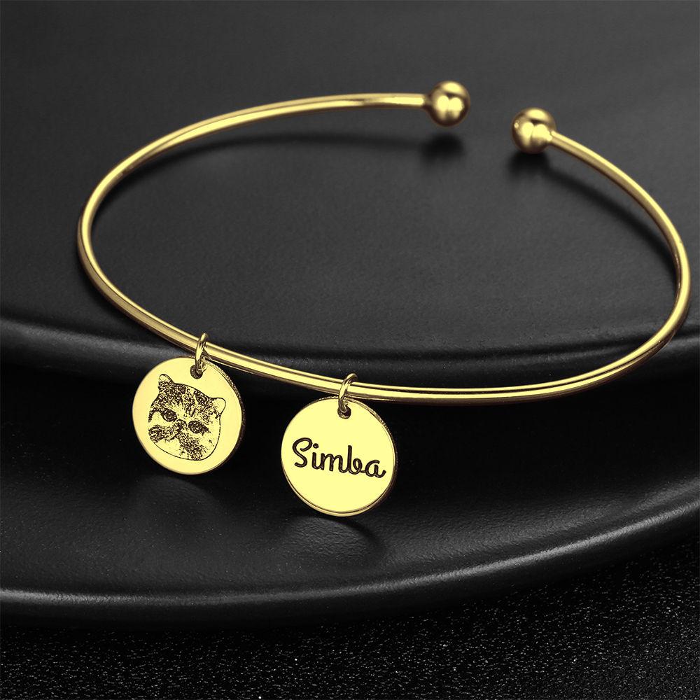 Photo Engraved Bracelet, Personalized Pet Portrait Bracelet 14K Gold Plated - Golden