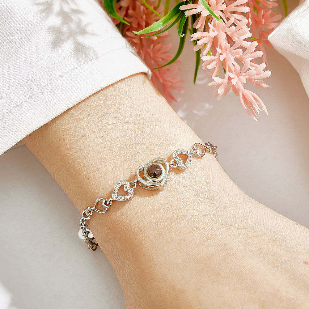 Custom Photo Projection Heart Link Bracelet Personalized Bracelet S925 Silver Picture Bracelet Personalized Photo Memorial Bracelet