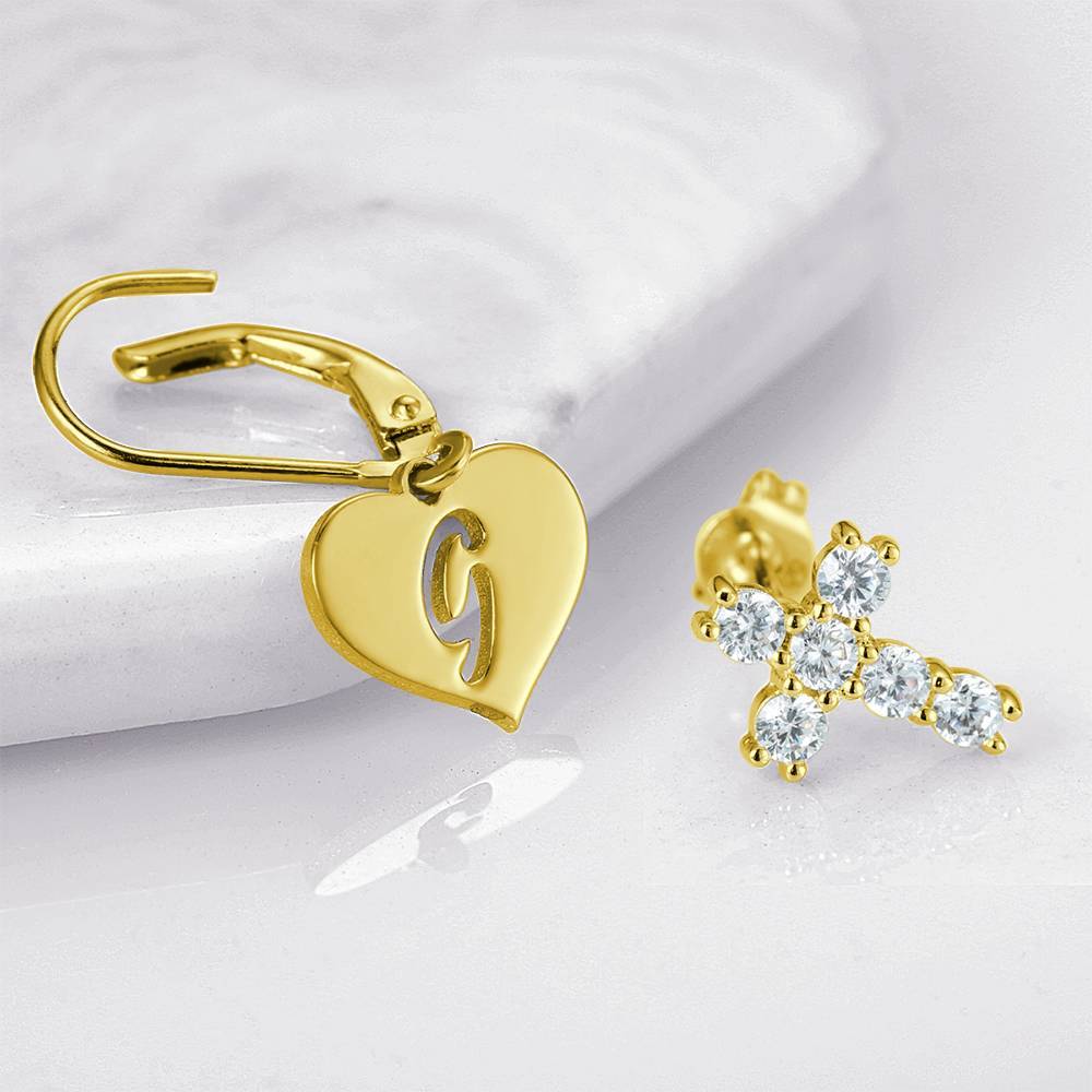 Initial Drop Earrings, Asymmetry Earrings Hollow Letter with Cross 14K Gold Plated - Golden