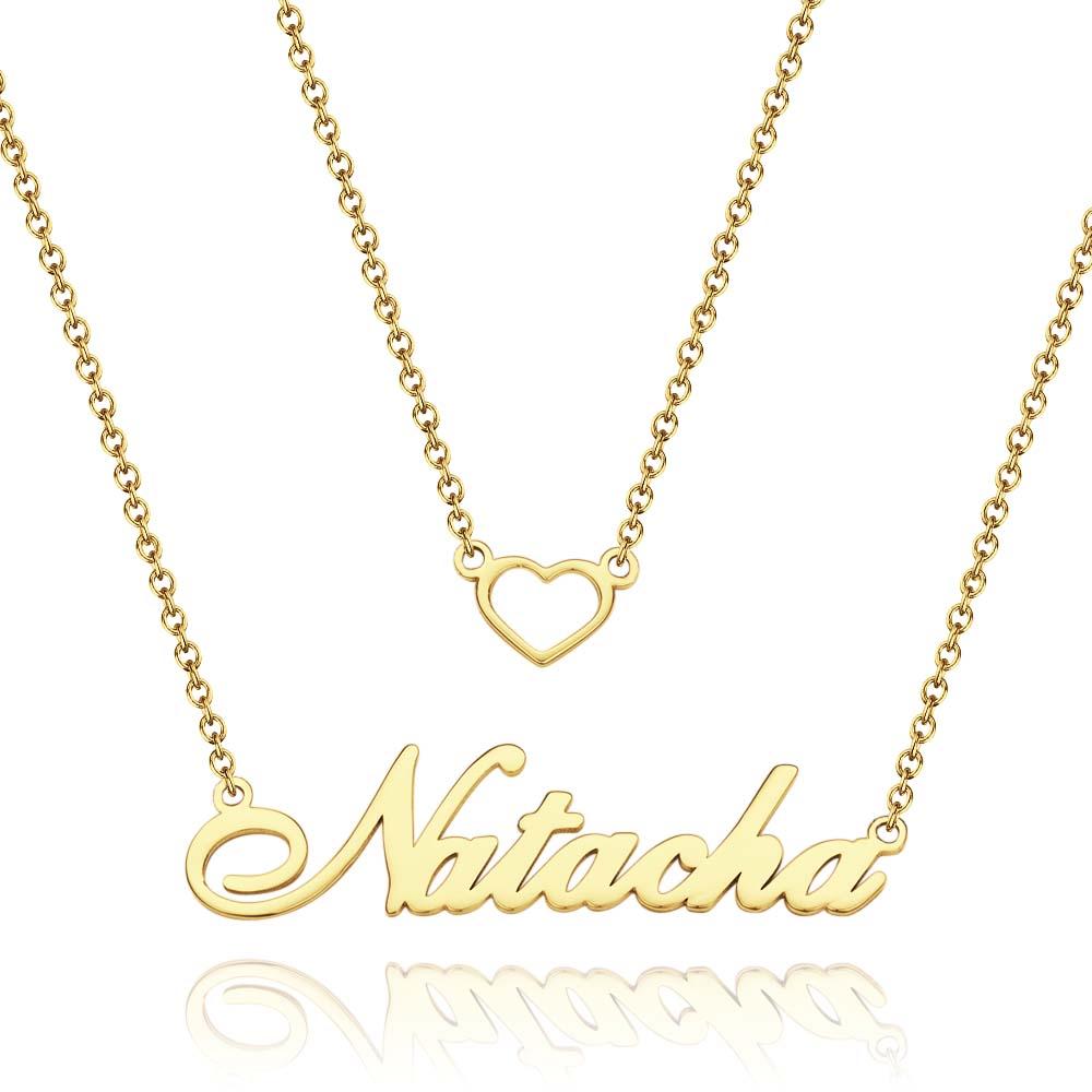 "Give My Heart To You" Personalized Heart Double Chain Name Necklace Unique Gift for Girlfriend