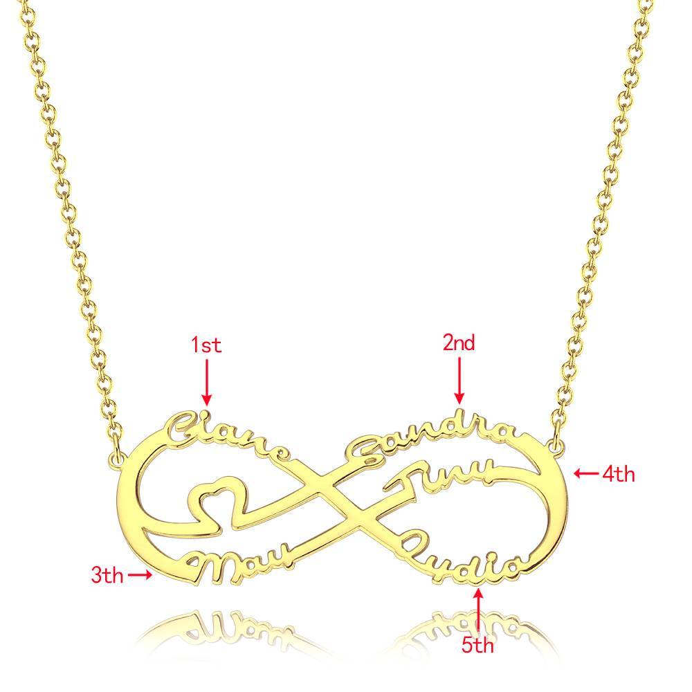 Infinity Necklace with Five Names, Name Necklace 14K Gold Plated - Golden