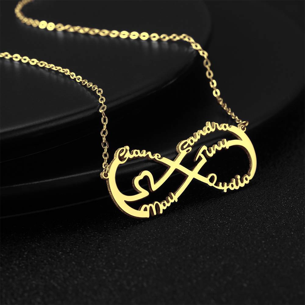 Infinity Necklace with Five Names, Name Necklace 14K Gold Plated - Golden