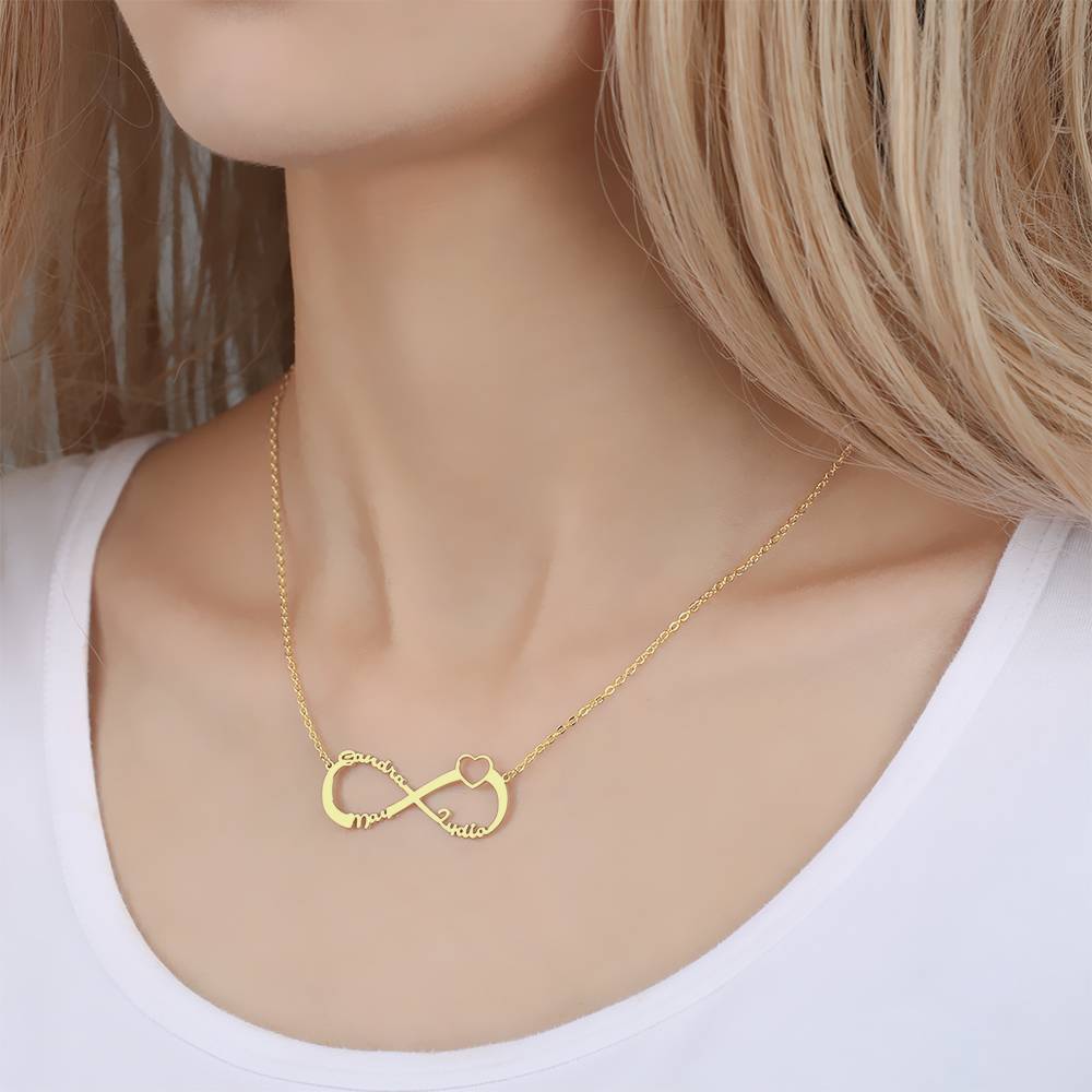 Heart Infinity Name Necklace, Three Names Gift for Friend 14K Gold Plated - Golden