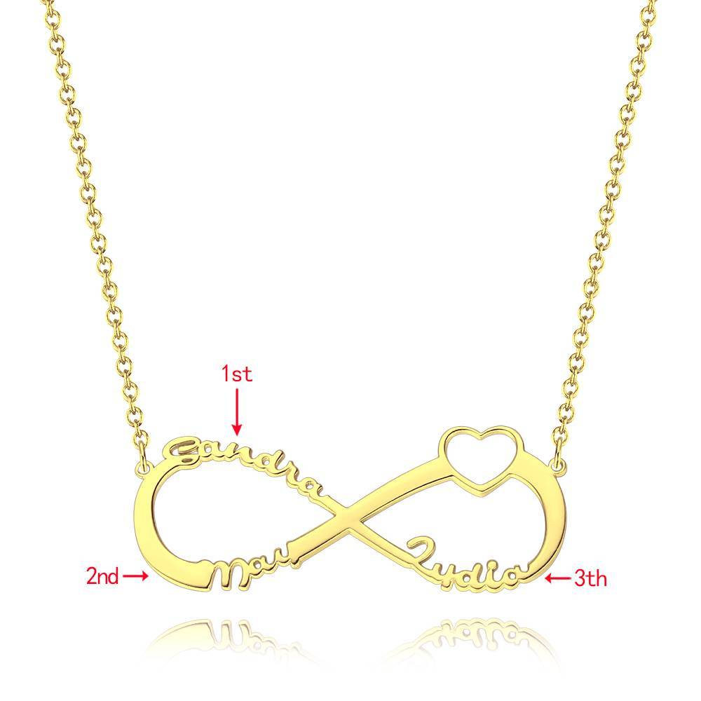 Heart Infinity Name Necklace, Three Names Gift for Friend 14K Gold Plated - Golden