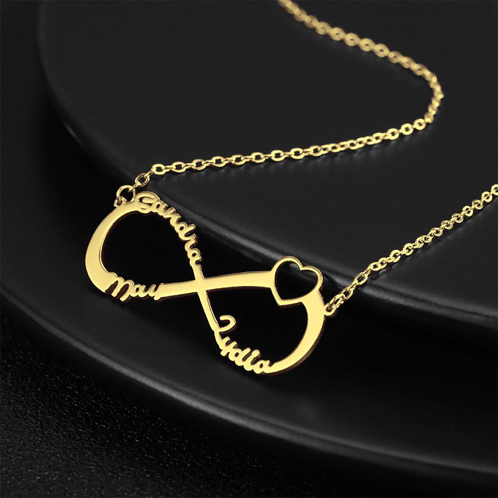Heart Infinity Name Necklace, Three Names Gift for Friend 14K Gold Plated - Golden
