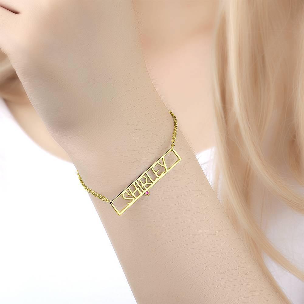 Hollow Carved Bar Name Bracelet with Custom Birthstone 14K Gold Plated - Golden
