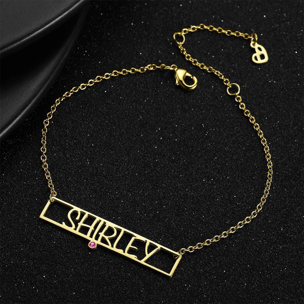Hollow Carved Bar Name Bracelet with Custom Birthstone 14K Gold Plated - Golden