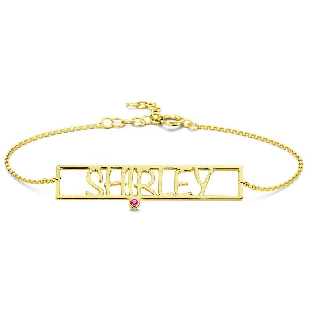 Hollow Carved Bar Name Bracelet with Custom Birthstone 14K Gold Plated - Golden