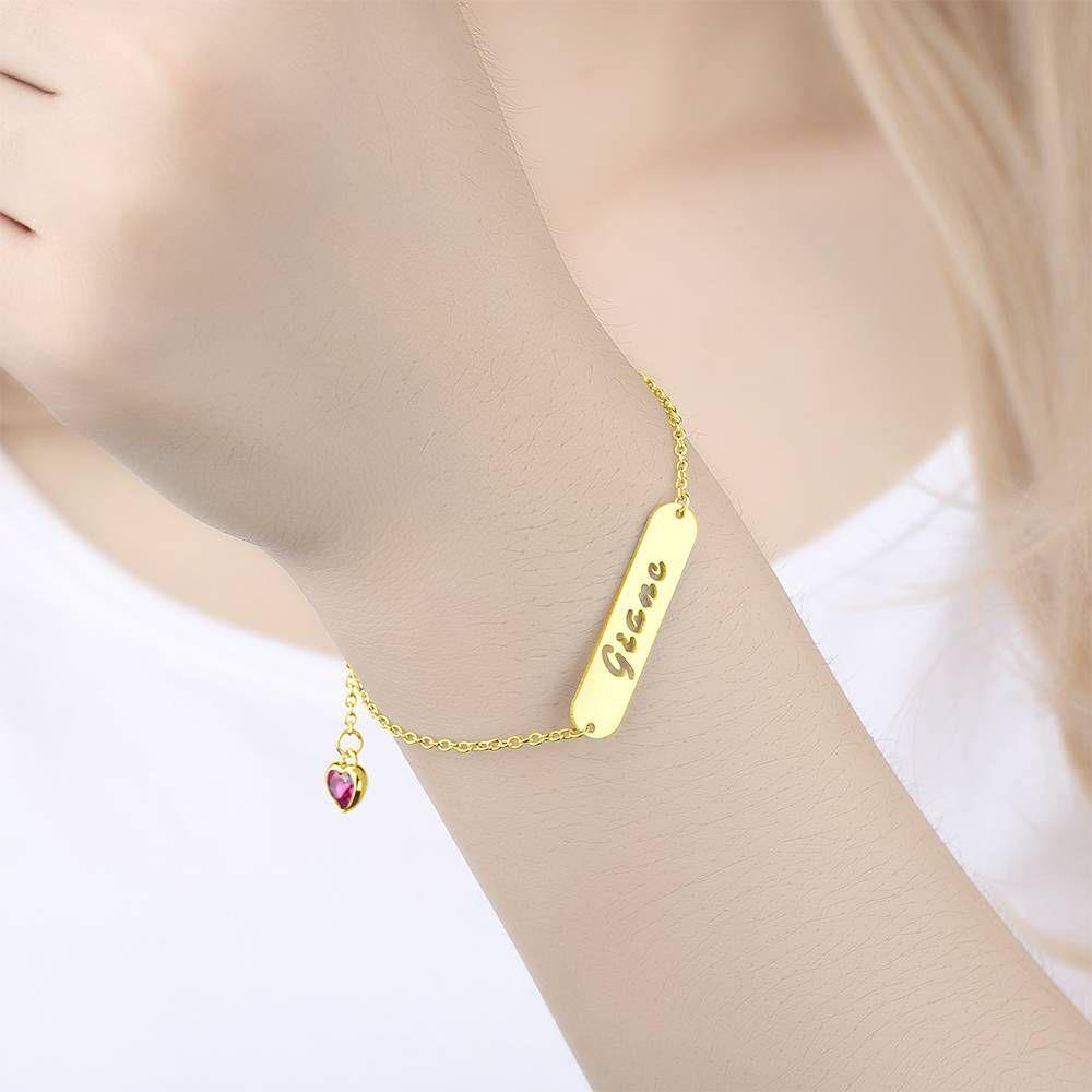 Hollow Carved Bar Name Bracelet with Custom Birthstone, Unique Gift 14K Gold Plated - Golden