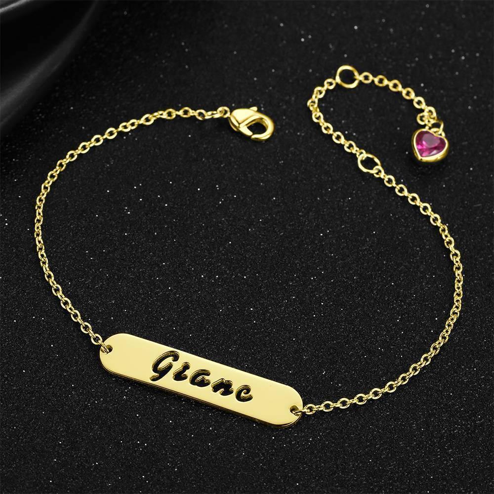 Hollow Carved Bar Name Bracelet with Custom Birthstone, Unique Gift 14K Gold Plated - Golden