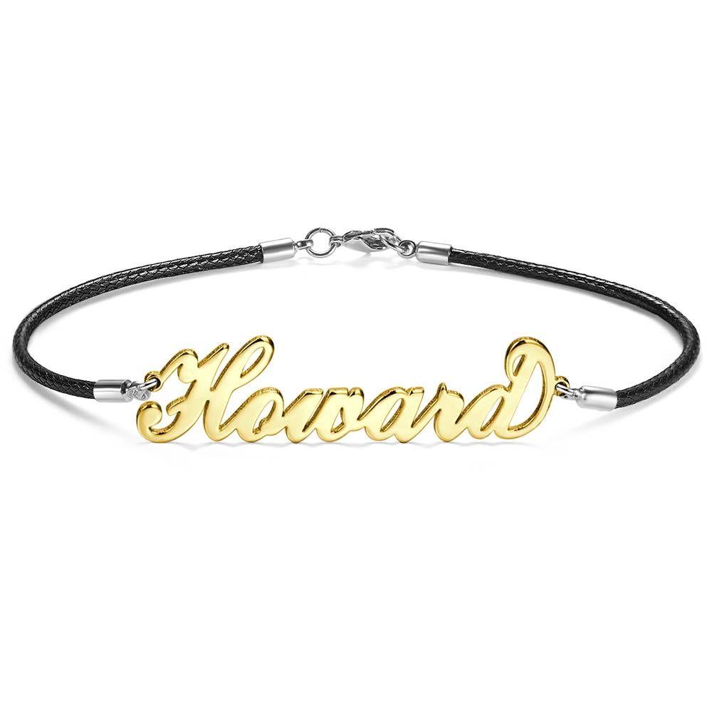 Men's Leather Bracelet Personalized Name Bracelet, Any Name Bracelet 14k Gold Plated Golden - Men