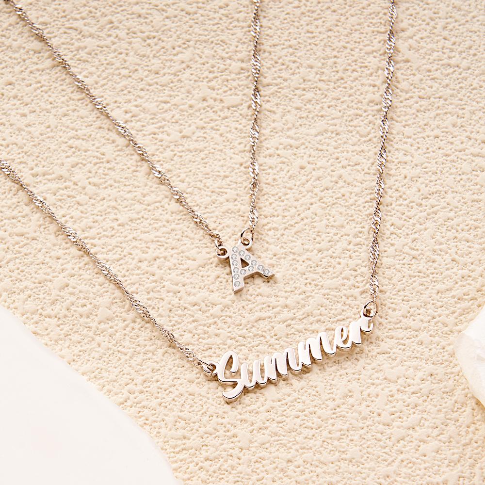 Double Chain Name Necklace Layered Necklace Custom Gold Initial Necklace, Personalized Letter Name Necklace Gift for Her