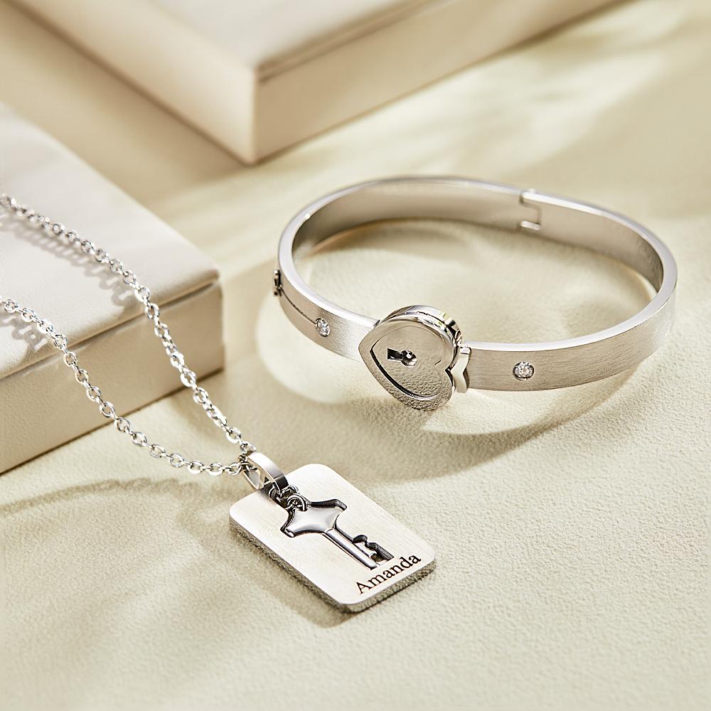 Custom Engraved Concentric Lock Bracelet Key Necklace Couple Gifts