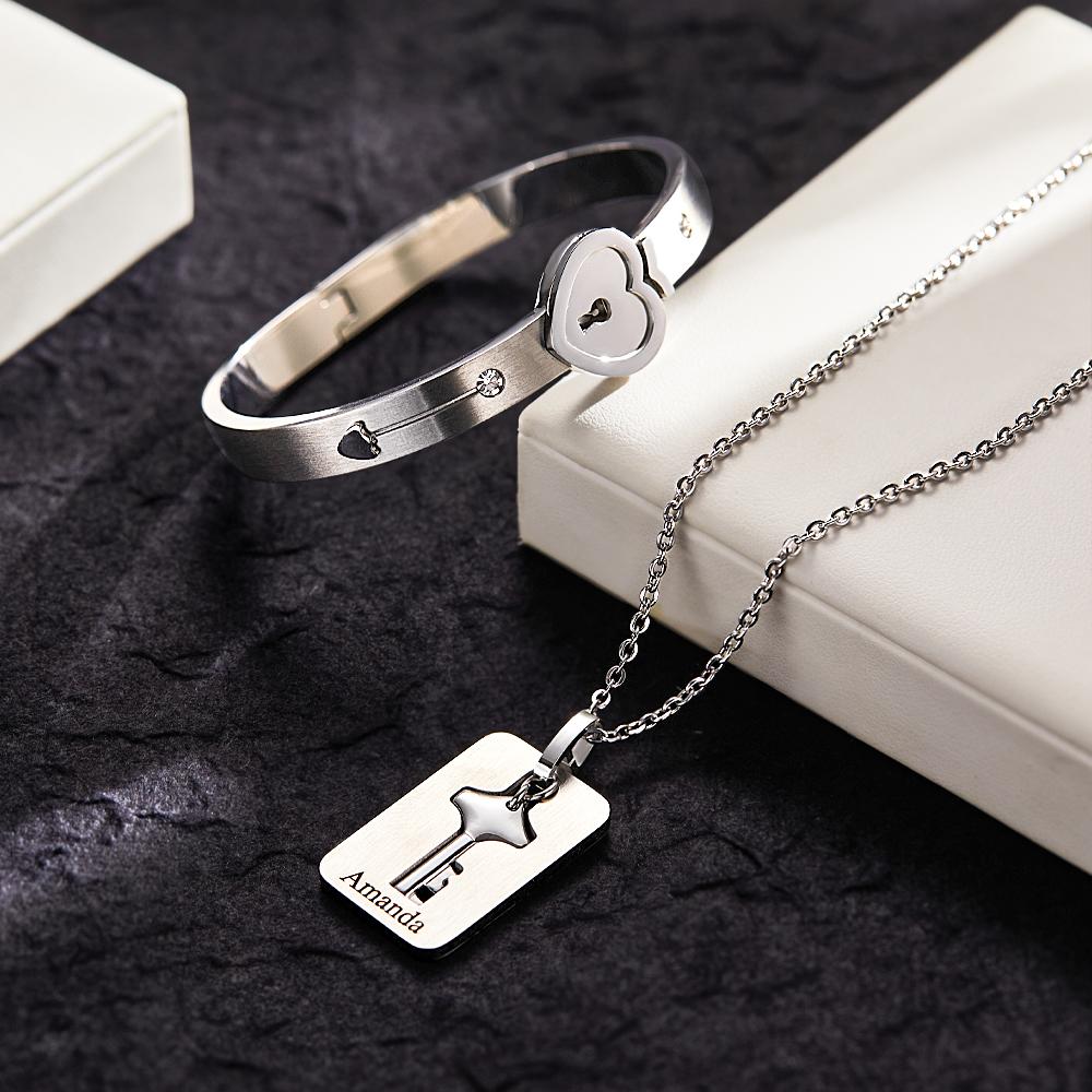 Custom Engraved Concentric Lock Bracelet Key Necklace Couple Gifts