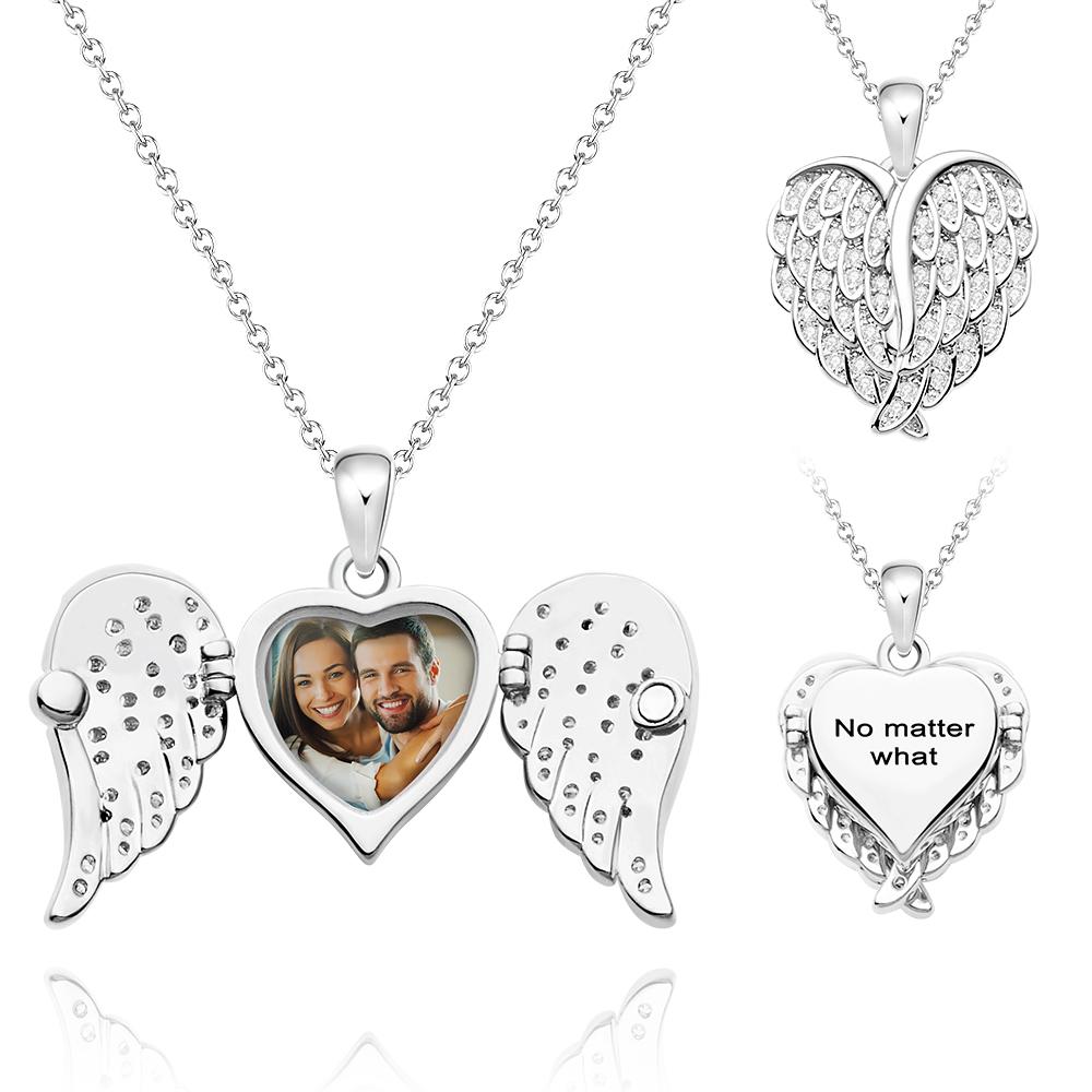 Custom Photo Engraved Necklace Angel Wings Delicate Diamond Gifts