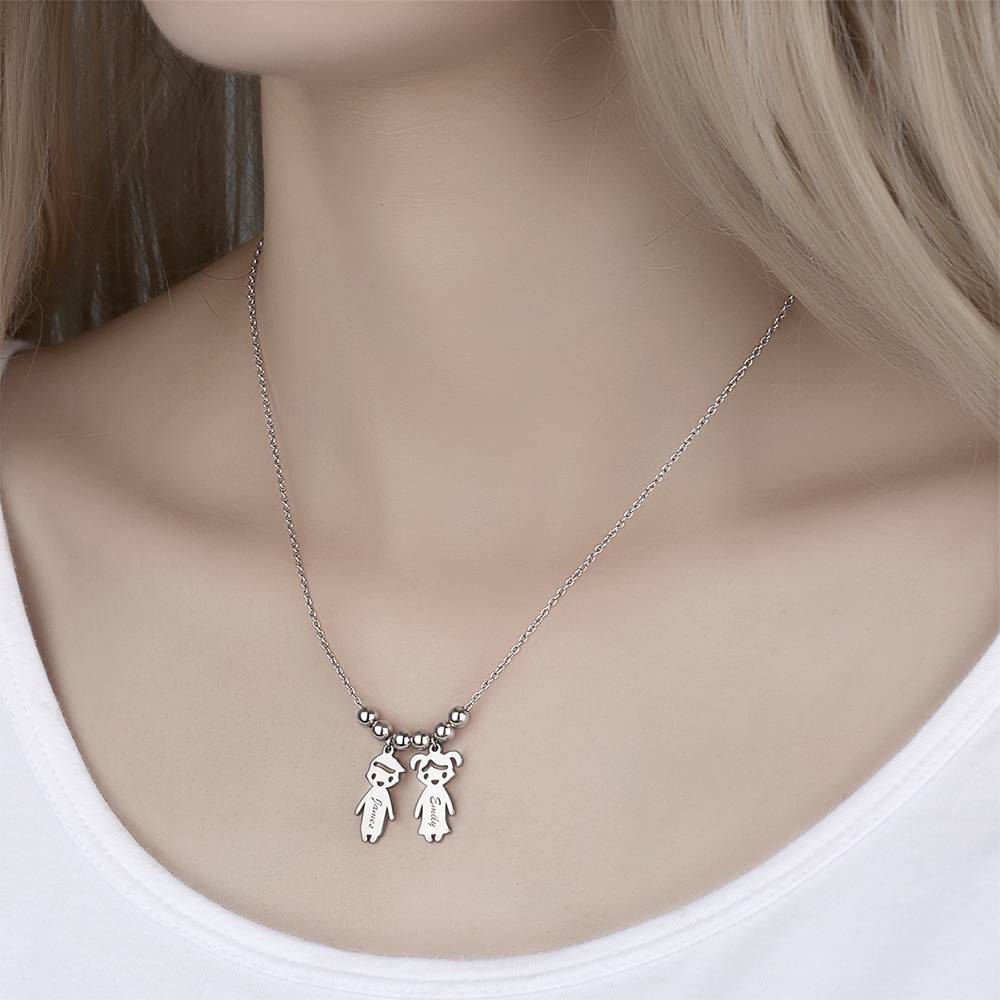 Kids Name Necklace with Engraving, Children Charms Necklace Smile Face Mom Jewelry Platinum Plated - Silver