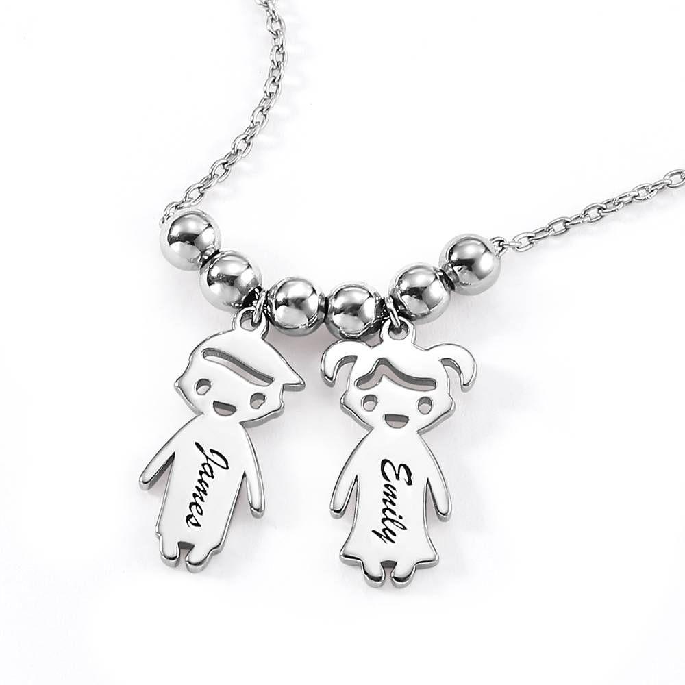 Kids Name Necklace with Engraving, Children Charms Necklace Smile Face Mom Jewelry Platinum Plated - Silver