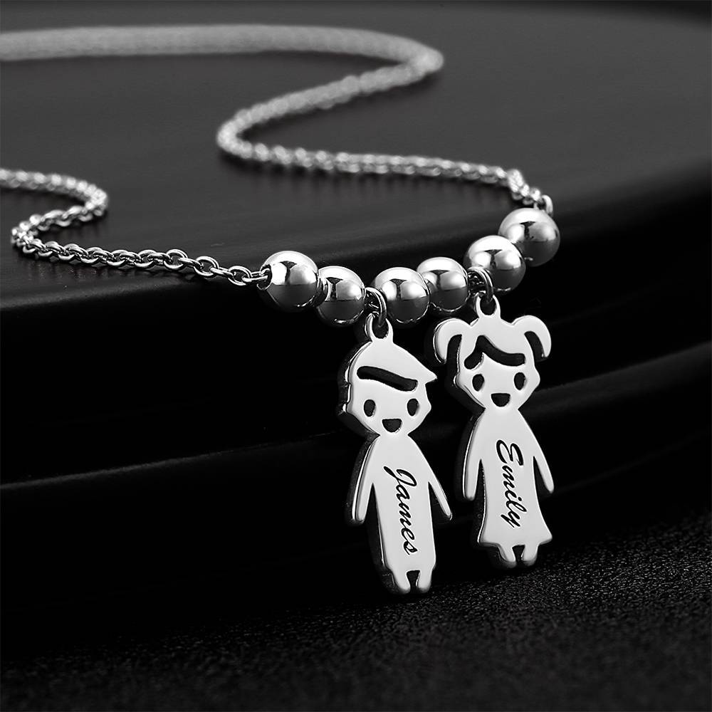 Kids Name Necklace with Engraving, Children Charms Necklace Smile Face Mom Jewelry Platinum Plated - Silver