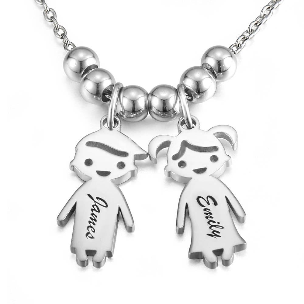 Kids Name Necklace with Engraving, Children Charms Necklace Smile Face Mom Jewelry Platinum Plated - Silver