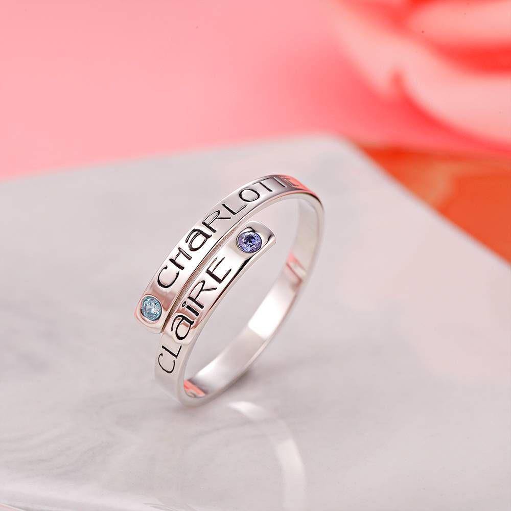 Personalised Birthstone Wrap Ring, Engraved Ring Couple's Gift Platinum Plated