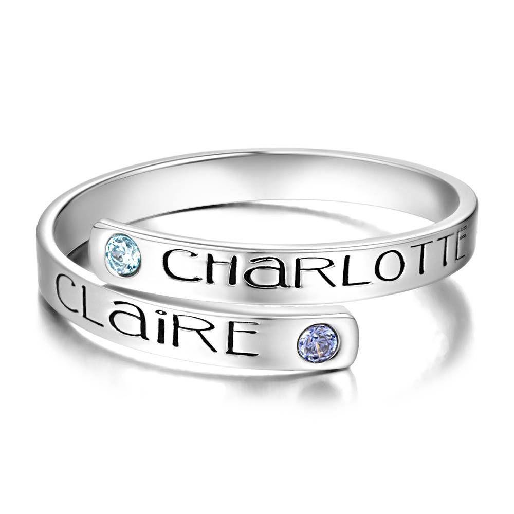 Personalised Birthstone Wrap Ring, Engraved Ring Couple's Gift Platinum Plated