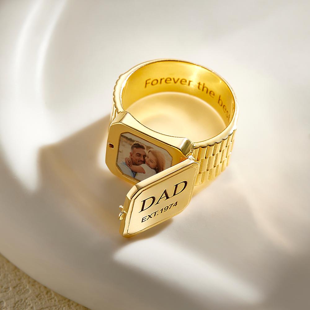 Photo Locket Ring for Dad That Holds Pictures inside Personalized Memorial Photo Locket Band Rings Gift for Dad Father Men Grandfather
