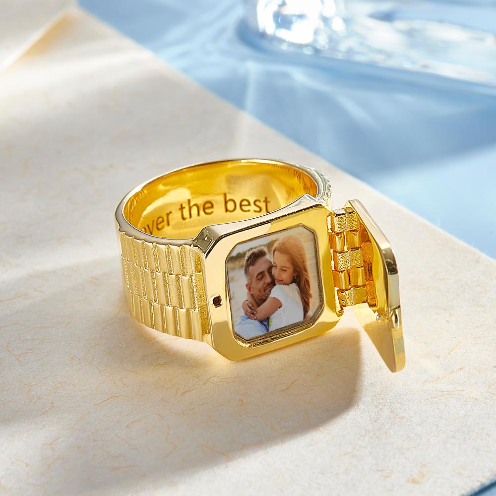 Photo Locket Ring for Dad That Holds Pictures inside Personalized Memorial Photo Locket Band Rings Gift for Dad Father Men Grandfather