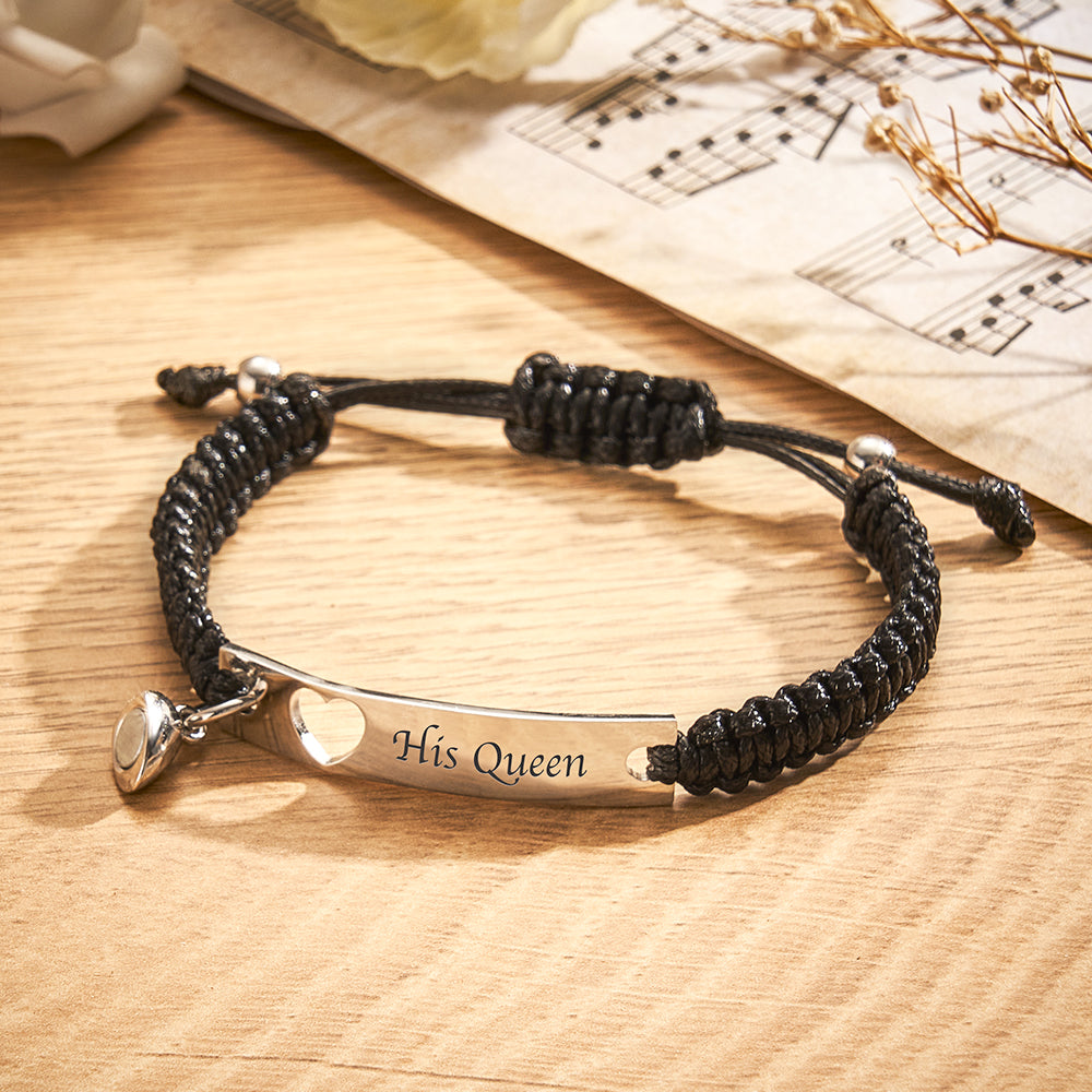 Personalized Stainless Steel Braided Rope Adjustable Hollow Heart Couples Matching Bracelets
