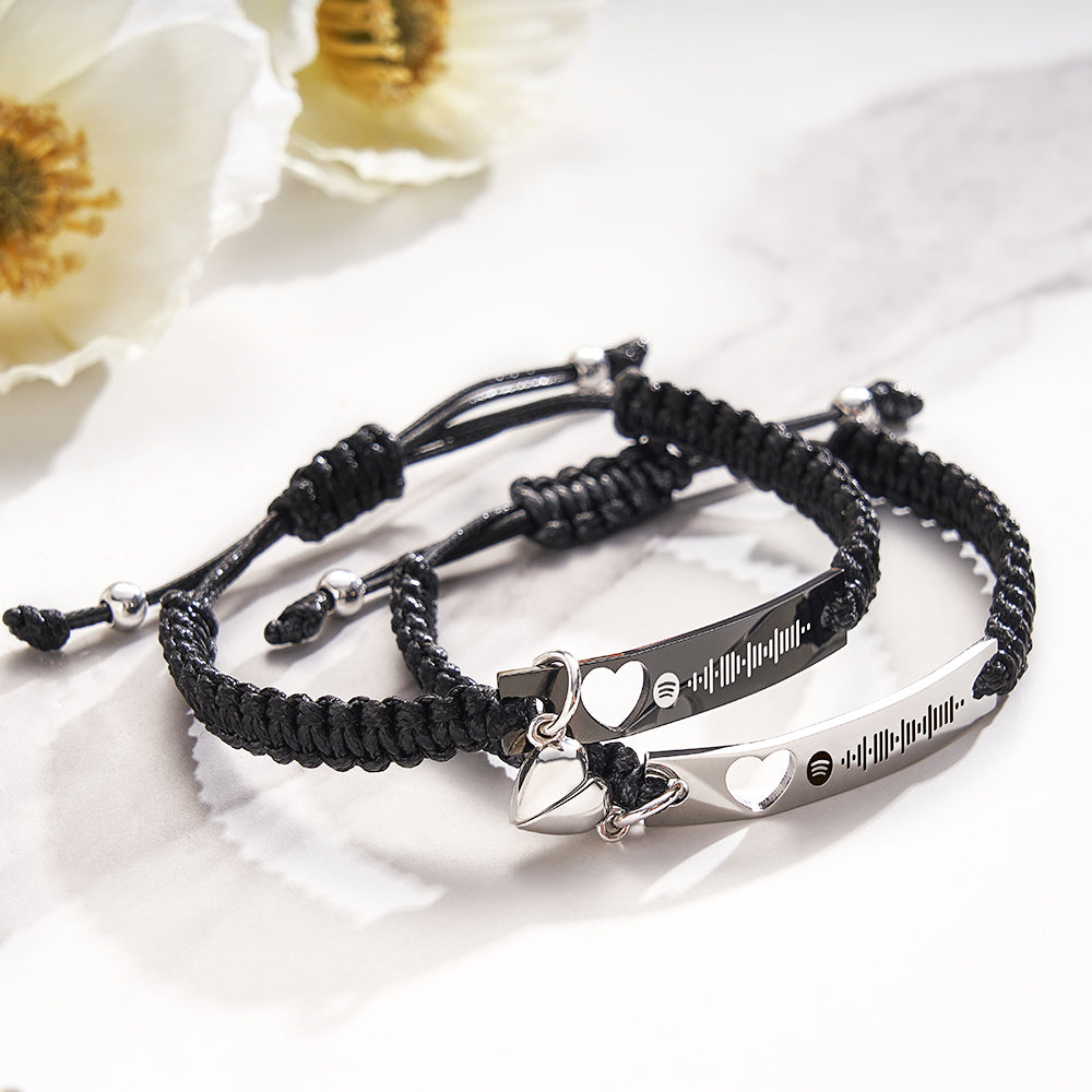 Personalized Stainless Steel Braided Rope Adjustable Hollow Heart Couples Matching Bracelets
