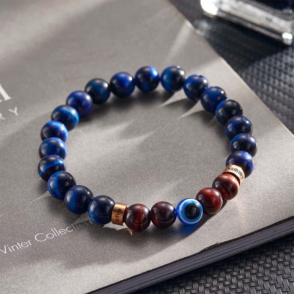 Custom Engraved Amulet Bracelet Evil Eye Blue and Red Tiger Eye Beaded Bracelet for Men