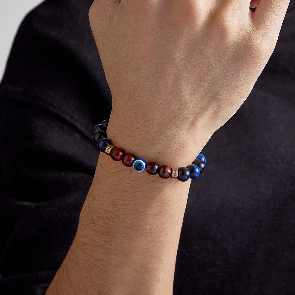 Custom Engraved Amulet Bracelet Evil Eye Blue and Red Tiger Eye Beaded Bracelet for Men