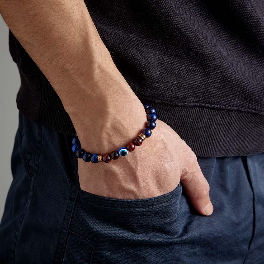 Custom Engraved Amulet Bracelet Evil Eye Blue and Red Tiger Eye Beaded Bracelet for Men