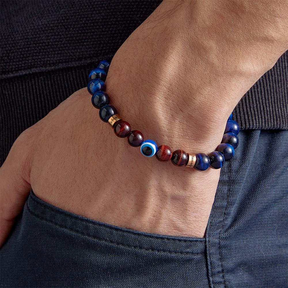 Custom Engraved Amulet Bracelet Evil Eye Blue and Red Tiger Eye Beaded Bracelet for Men