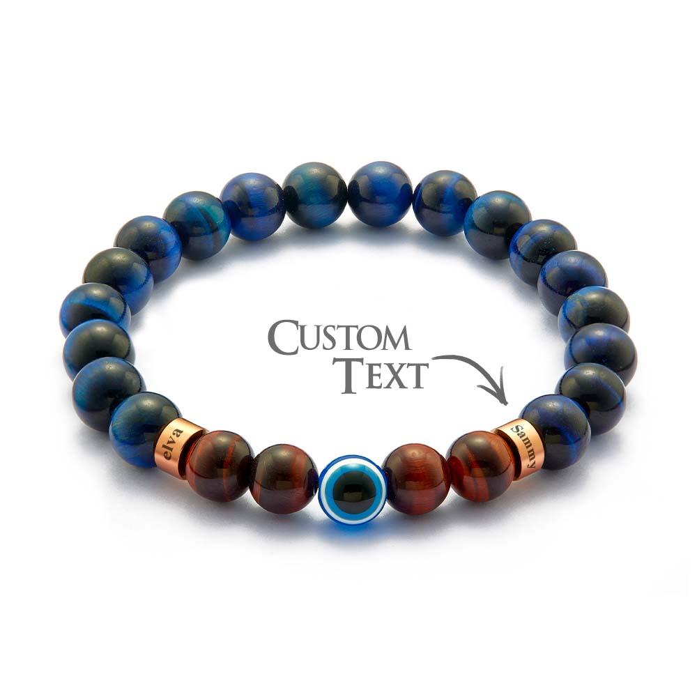 Custom Engraved Amulet Bracelet Evil Eye Blue and Red Tiger Eye Beaded Bracelet for Men