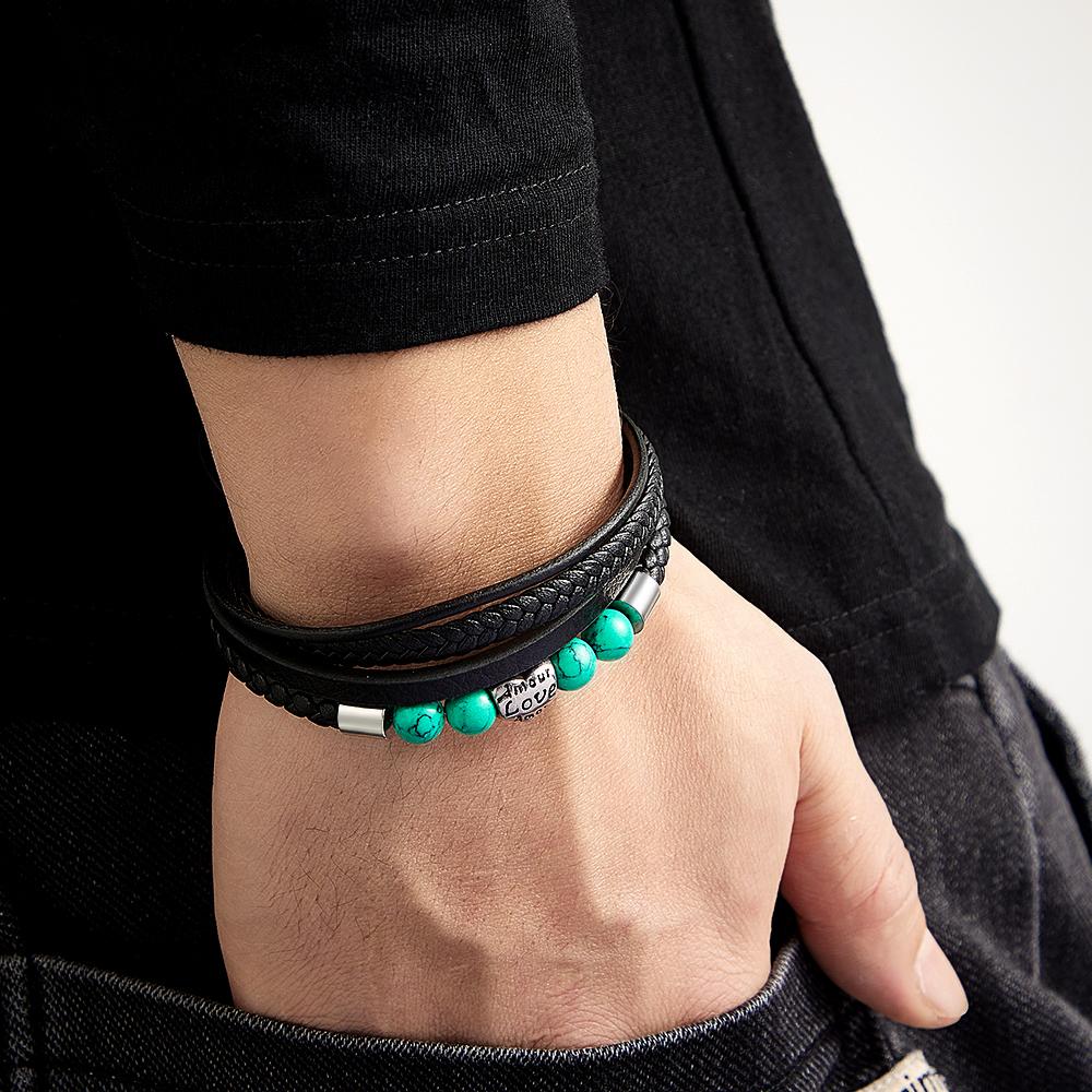 Custom Engraved Bracelet Street Hip-hop Braided Stack Leather Men's Gift