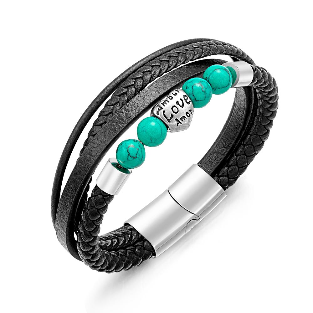 Custom Engraved Bracelet Street Hip-hop Braided Stack Leather Men's Gift