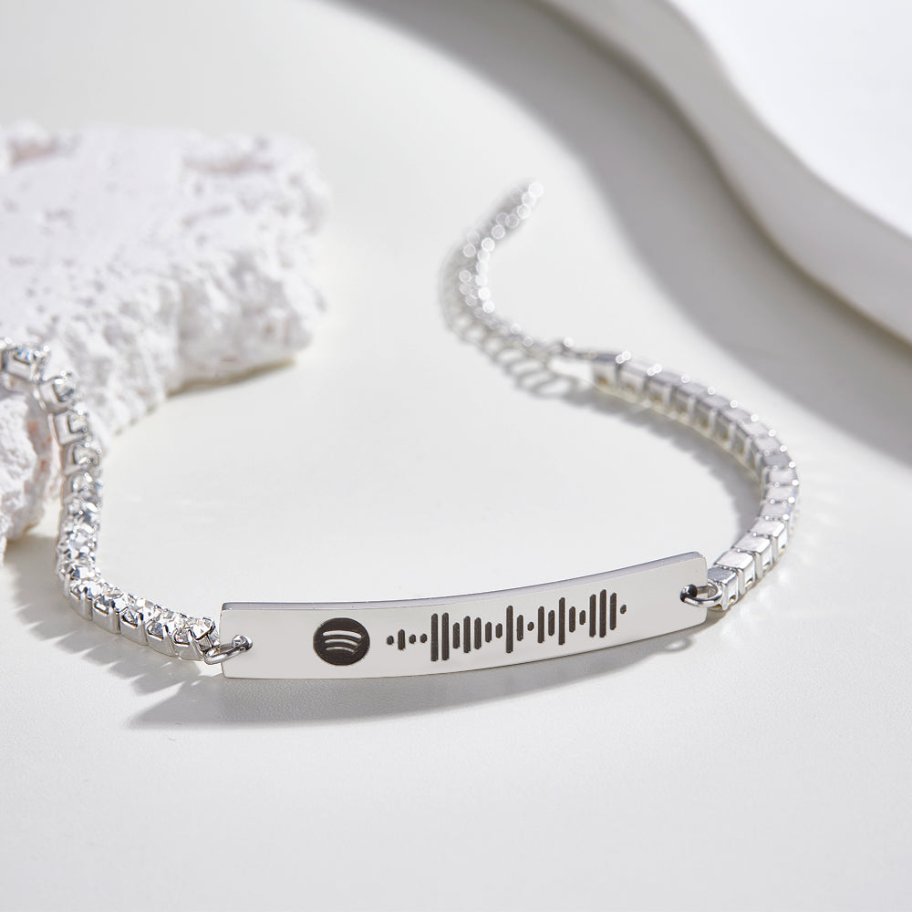 Custom Scannable Spotify Code Tennis Bracelet Unique Engraved Bar All Diamonds Bracelet Gift For Her