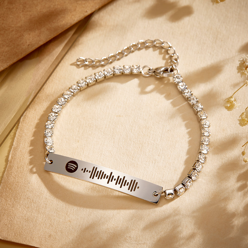 Custom Scannable Spotify Code Tennis Bracelet Unique Engraved Bar All Diamonds Bracelet Gift For Her