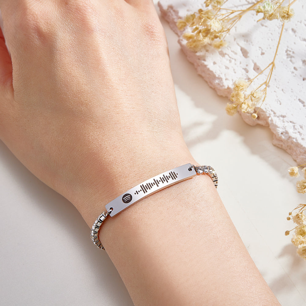 Custom Scannable Spotify Code Tennis Bracelet Unique Engraved Bar All Diamonds Bracelet Gift For Her