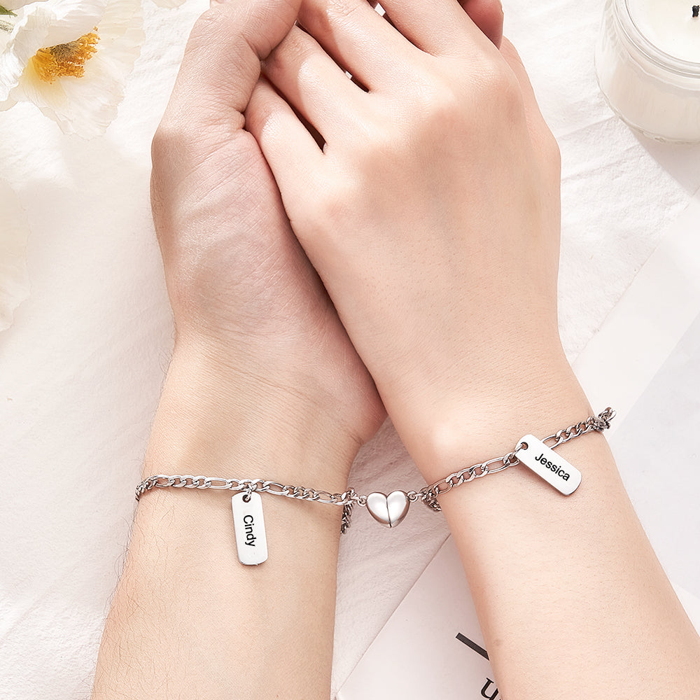 Custom Engraved Bracelet Magnetic Heart Simple Chain Couple Gift