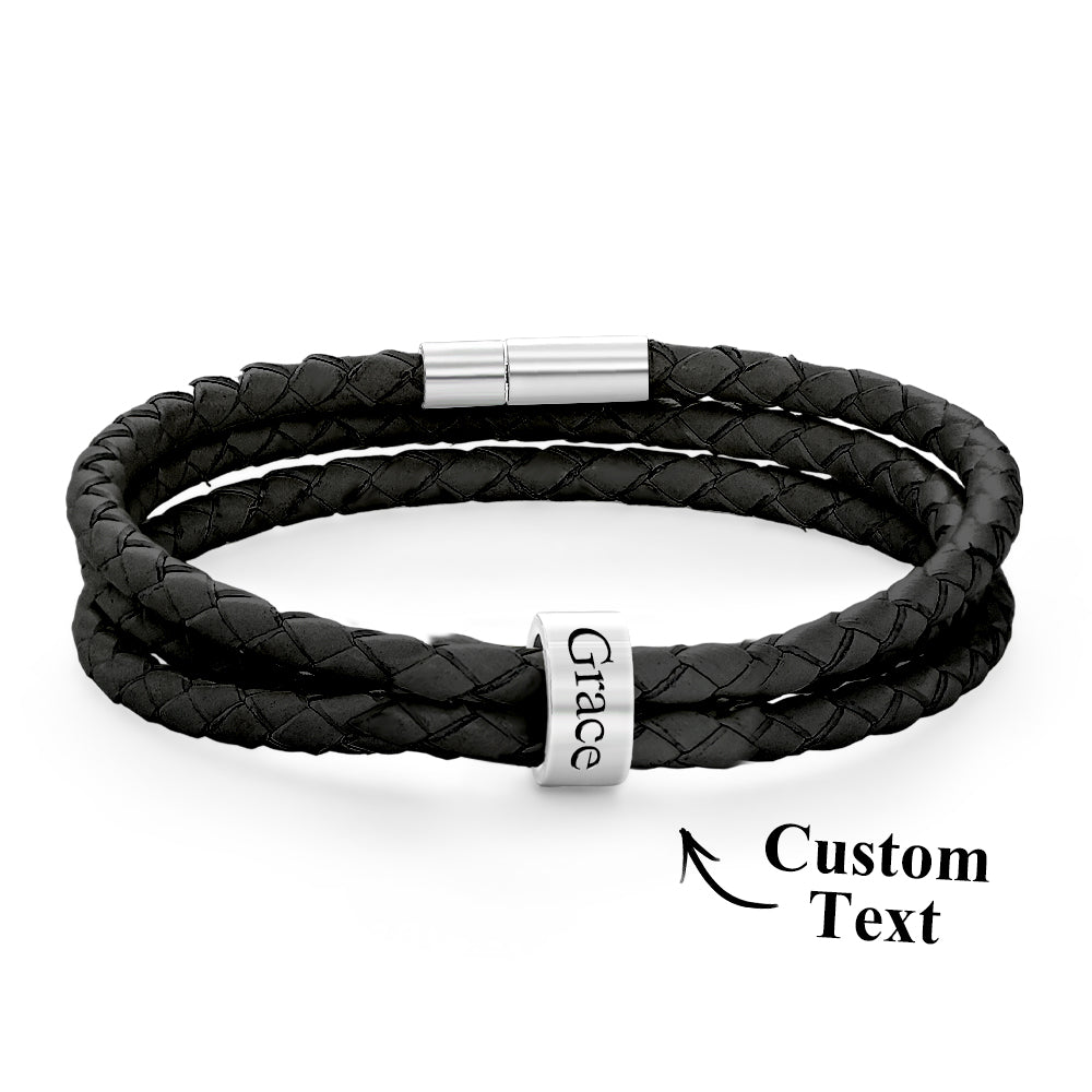 Men Braided Leather Bracelet with Small Custom Beads