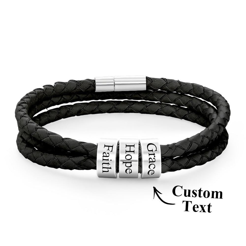 Men Braided Leather Bracelet with Small Custom Beads