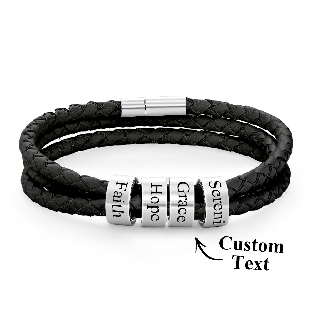 Men Braided Leather Bracelet with Small Custom Beads