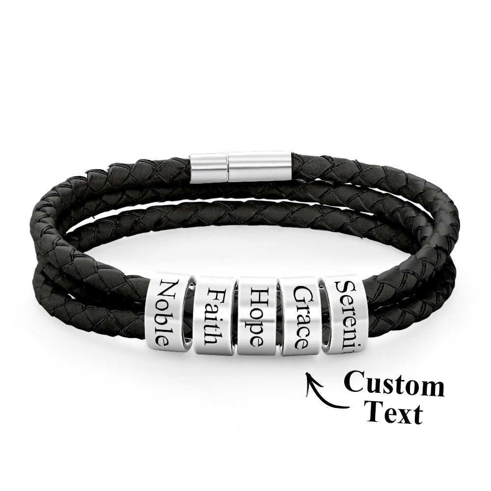 Men Braided Leather Bracelet with Small Custom Beads