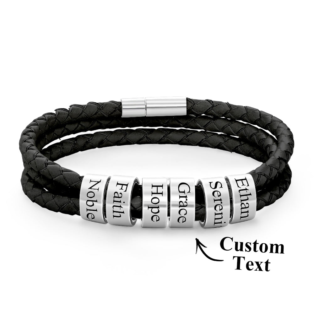 Men Braided Leather Bracelet with Small Custom Beads